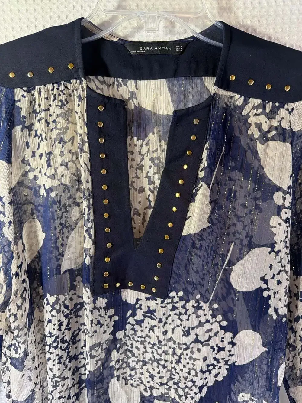 Zara Woman Navy and White Floral Print Sheer Blouse with Gold Stud Detail